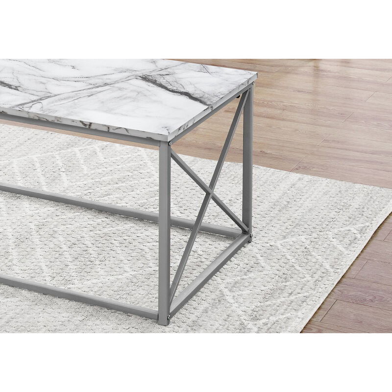 Monarch Specialties I 7953P Table Set, 3pcs Set, Coffee, End, Side, Accent, Living Room, Metal, Laminate, White Marble Look, Grey, Contemporary, Modern
