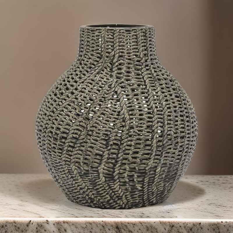 20 Inch Accent Vase with Mesh Like Design, Round, Gray Ceramic Finish - Benzara