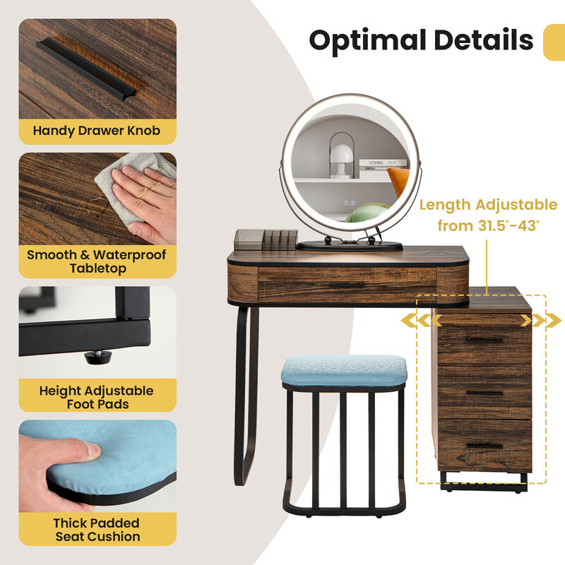 Vanity Table Set with 3-Color Lighted Mirror and Charging Station