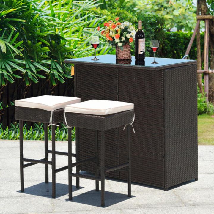 Hivvago 3 Pieces Outdoor Rattan Wicker Bar Set with 2 Cushions Stools