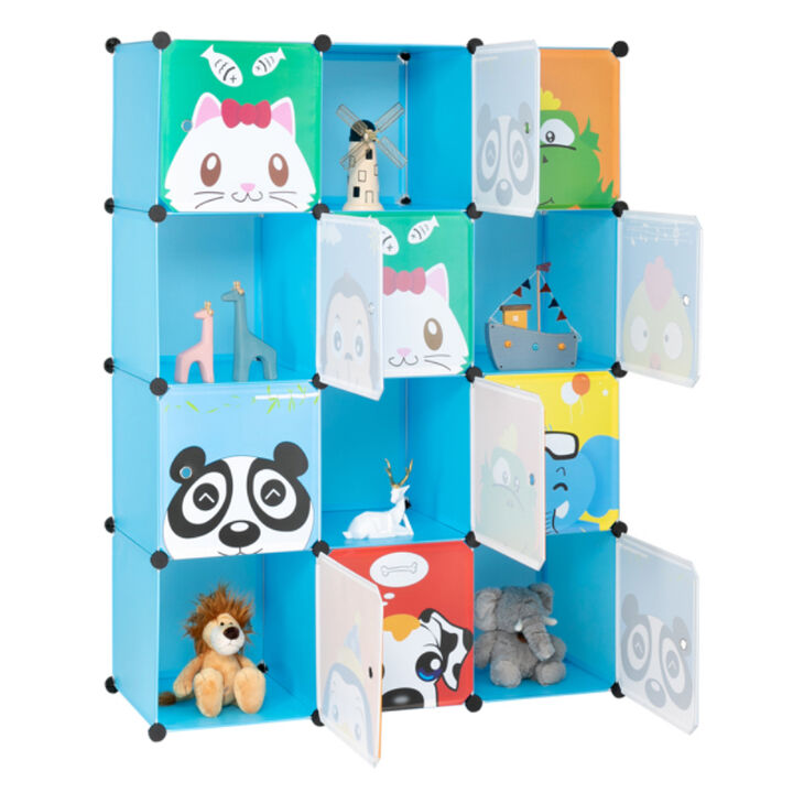 12-Cube Magic Wardrobe with 2 Hanging Rods, Plastic & Steel Wire Storage Cabinet with Animal Print Doors