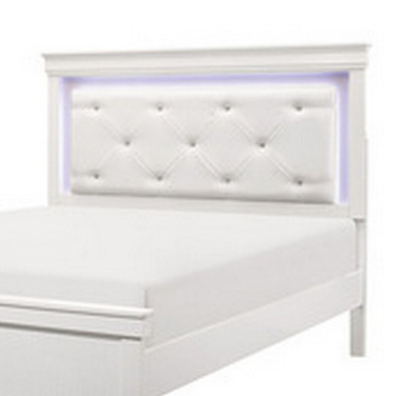 Teich Queen Bed, LED, Crystal Tufted Faux Leather Upholstery, White Wood - Benzara