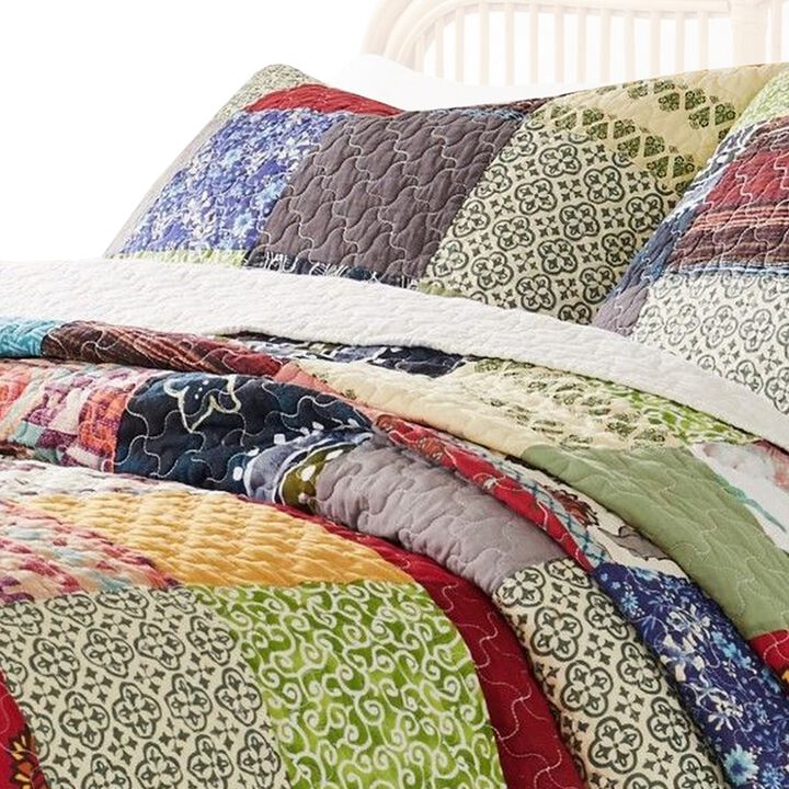 Lily 2 Piece Twin Quilt Set with Pillow Sham, Multicolor Patchwork - Benzara