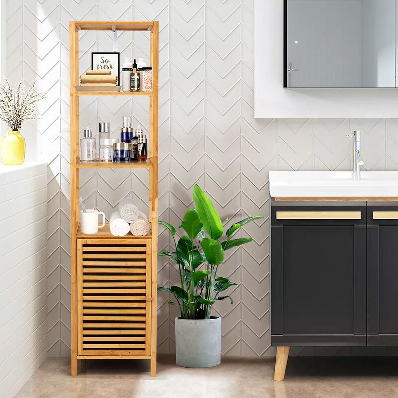 Costway 4 Tiers Bamboo Bathroom Storage Floor Cabinet Tower Corner Rack w/ Louvered Door