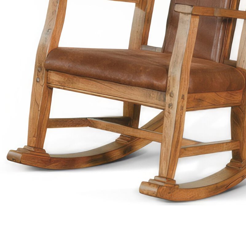 Marv Rocking Chair with Faux Leather Seat and Back, Rustic Oak Brown - Benzara