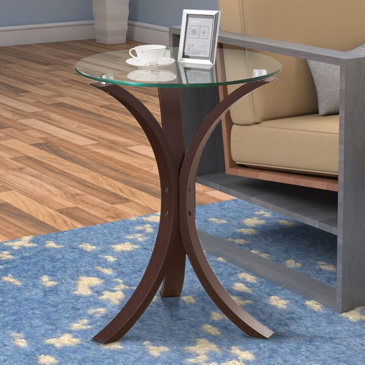 Contemporary Wood Accent Table, Tempered Glass Top, Brown, Clear-Benzara
