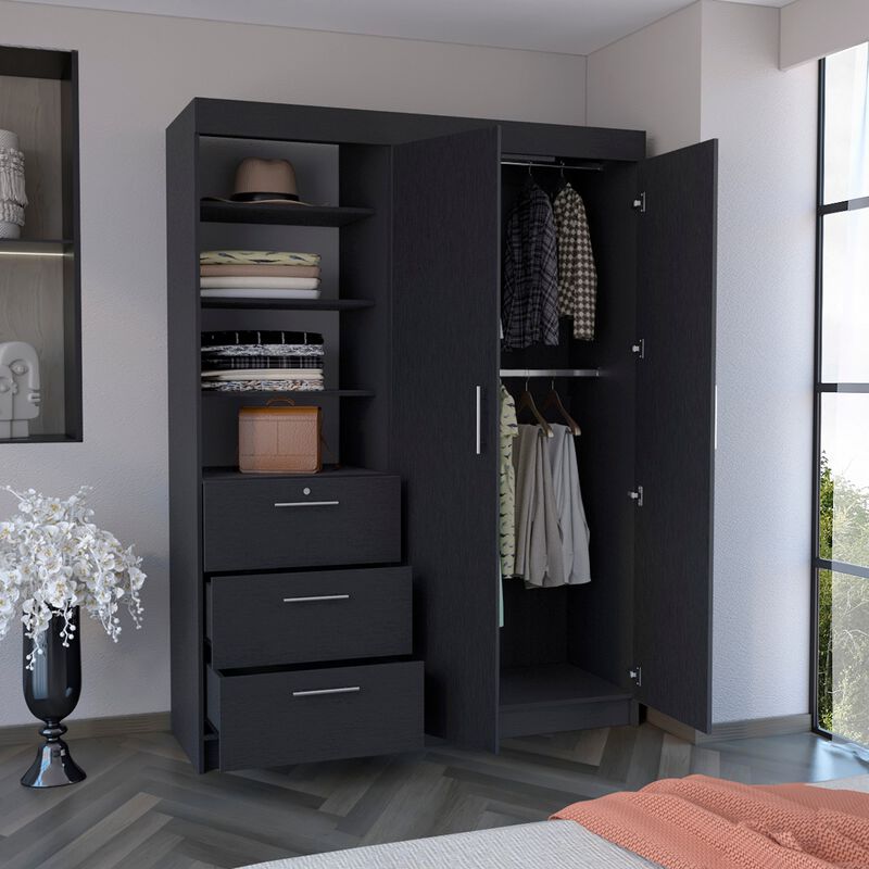DEPOT E-SHOP Laurel 3-Tier Shelf and Drawers Armoire with Metal Handles, Black