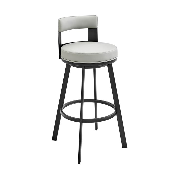 Ami 30 Inch Swivel Barstool Chair, Gray Faux Leather, Black Iron Frame - Benzara