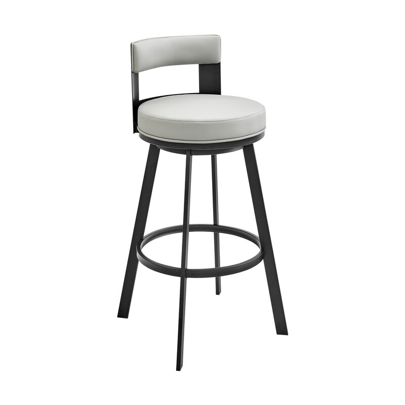 Ami 30 Inch Swivel Barstool Chair, Gray Faux Leather, Black Iron Frame - Benzara