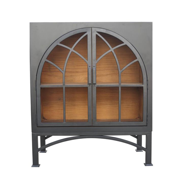 Veria Small China Cabinet, 2 Door Arch Frame, Matte Black 42 Inch - Benzara