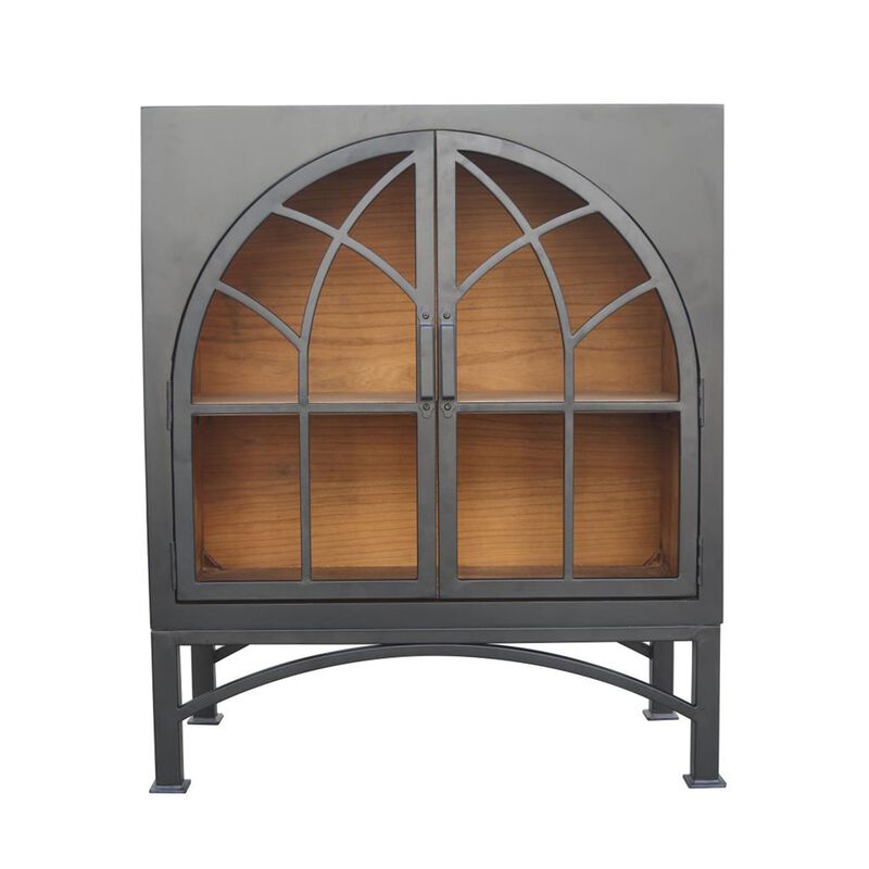 Veria Small China Cabinet, 2 Door Arch Frame, Matte Black 42 Inch - Benzara