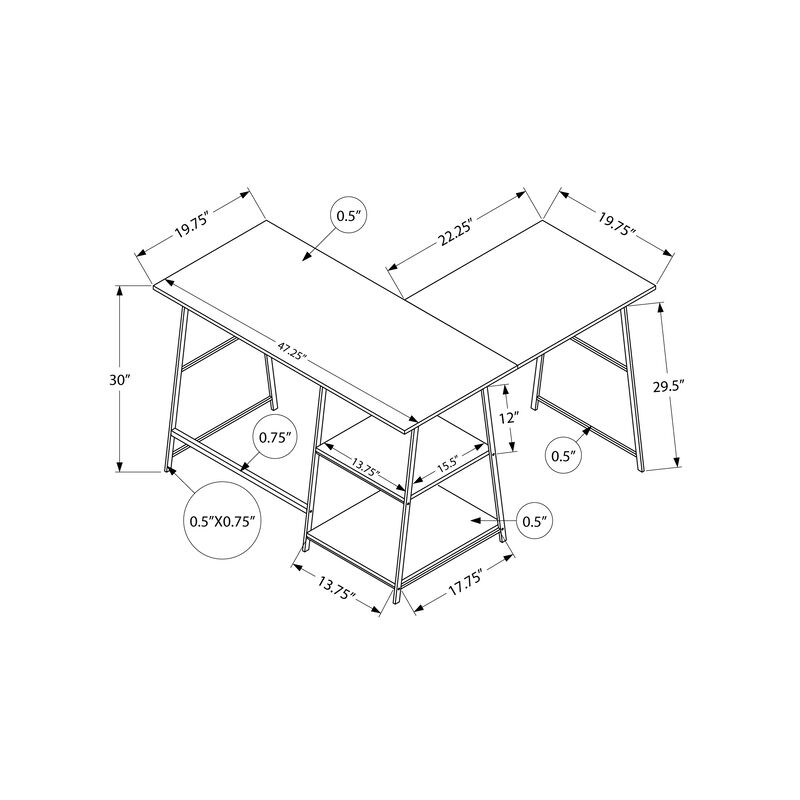 Monarch Specialties I 7590 Computer Desk, Home Office, Corner, Storage Shelves, 48"L, L Shape, Work, Laptop, Metal, Laminate, Brown, Black, Contemporary, Modern