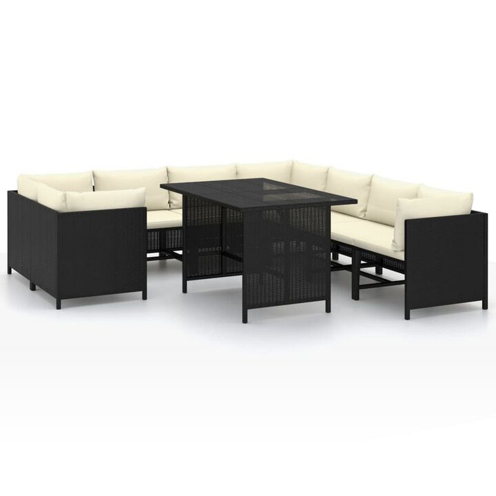 Nilo 9pc Outdoor Modular Corner Sofa Set w Dining Table, Black Rattan - Benzara