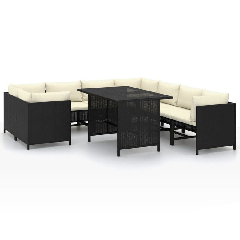 Nilo 9pc Outdoor Modular Corner Sofa Set w Dining Table, Black Rattan - Benzara