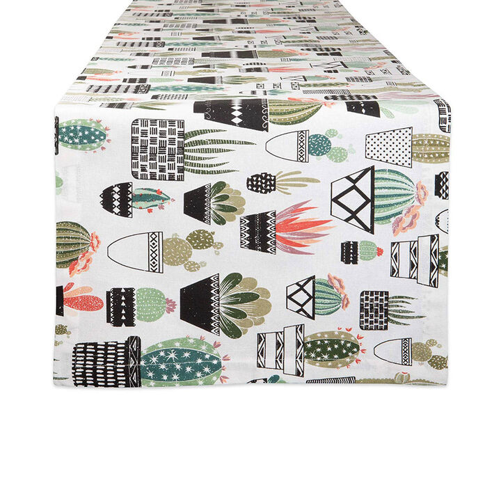 108" White with Cactus Patterned Prints Rectangular Table Runner