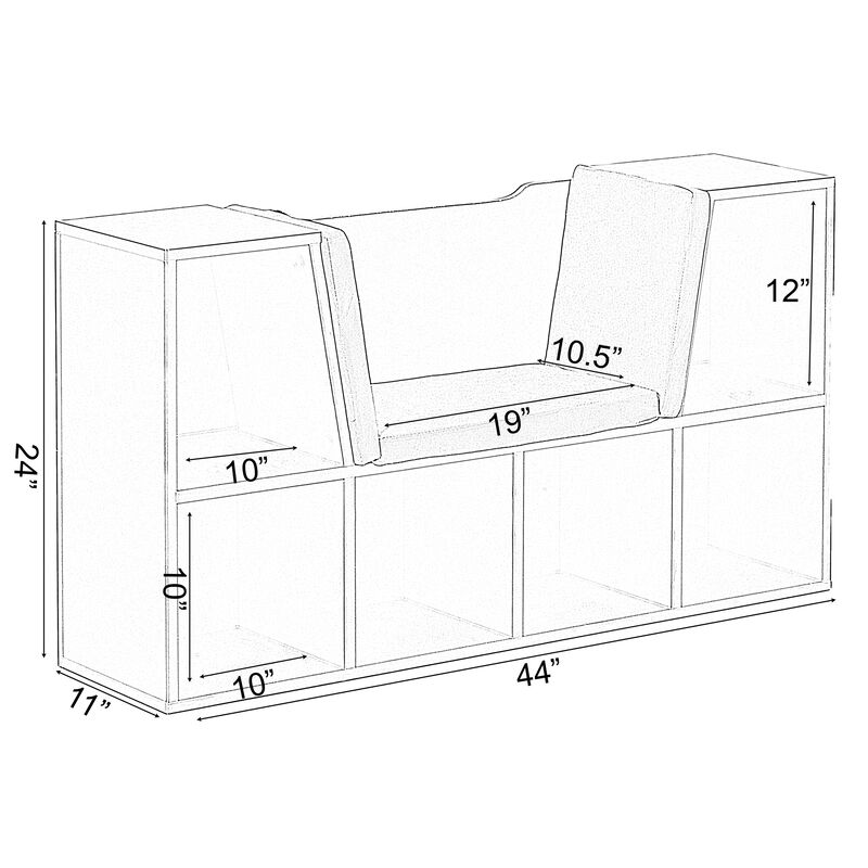 White Modern Multi-Purpose Bookshelf with Storage Space and Gray Cushioned Reading Nook
