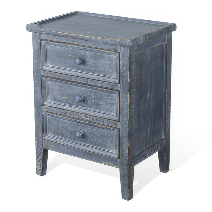 Rena Side End Table with 3 Drawers, 19 Inch Rustic Blue Mahogany Wood - Benzara