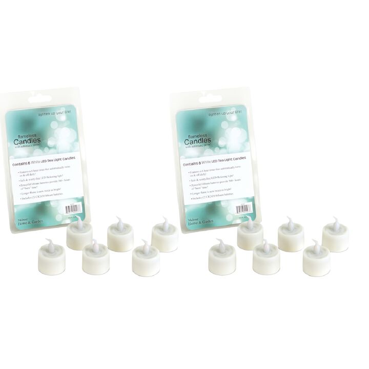 Set of 12 LED Flickering Tea Light Candles with 6-Hour Timer for Ambiance Lighting