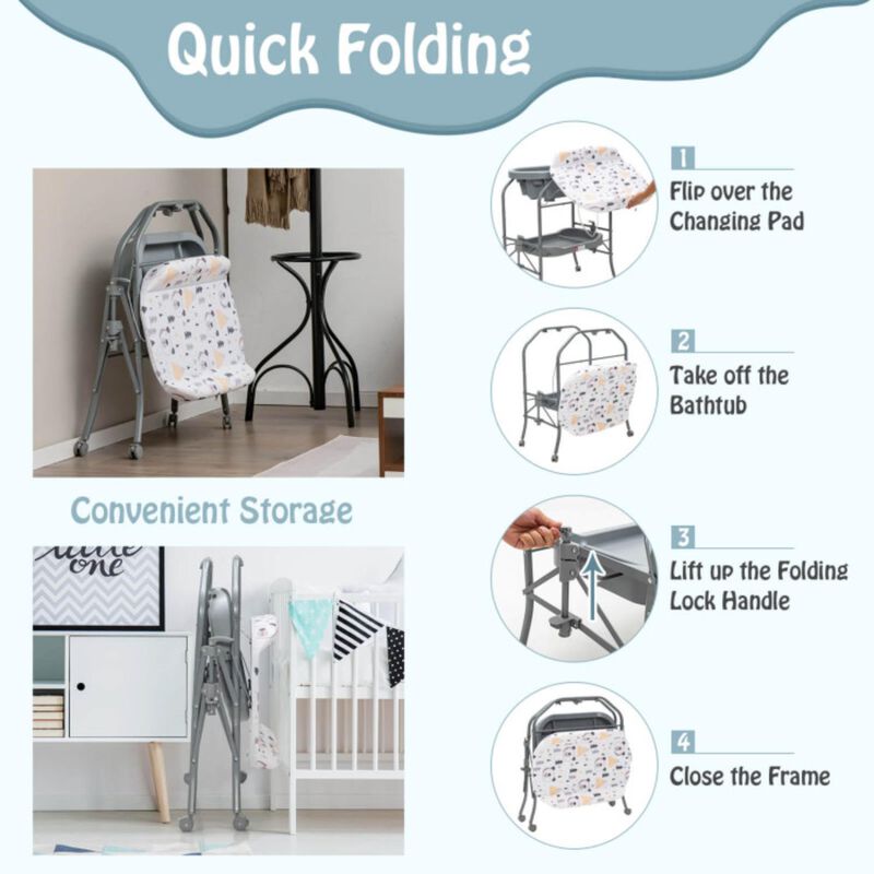 Hivvago Folding Baby Changing Table with Bathtub and 4 Universal Wheels