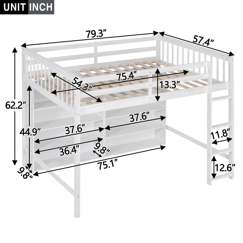 Full Size Loft Bed With 8 Open Storage Shelves And Builtin Ladder, White