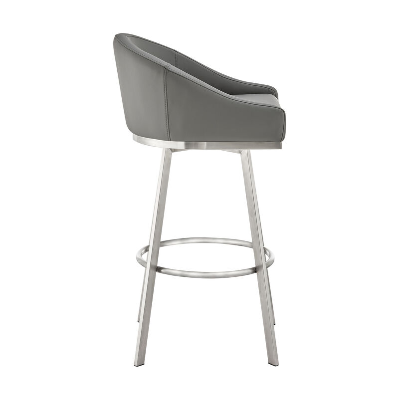 Sheryl 30 Inch Metal Swivel Bar Stool Chair, Low Back, Gray Faux Leather - Benzara