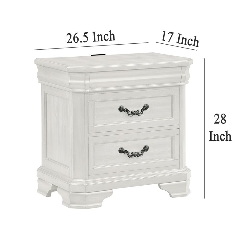 Lynda Nightstand, 2 Drawers Metal Handles, White Acacia Wood 27 Inch - Benzara