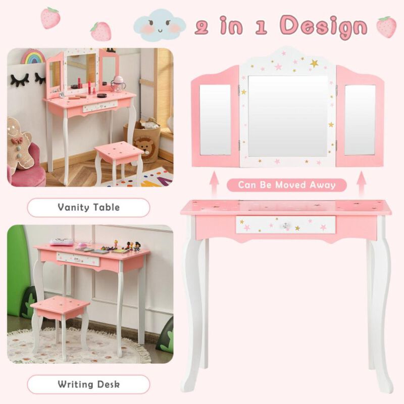 Hivvago Kids Princess Vanity Table and Stool Set with Tri-folding Mirror and Drawer