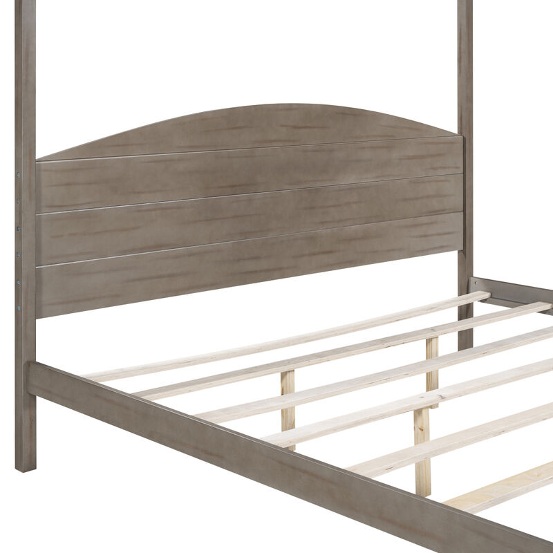 King Size Canopy Platform Bed With Headboard And Support Legs, Wash
