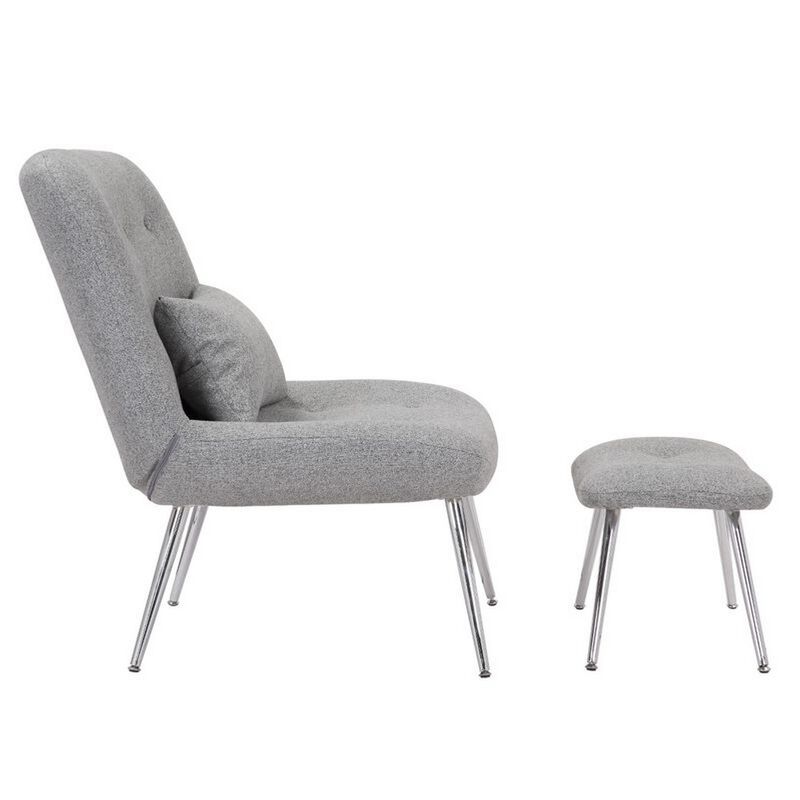 Lea 2pc Modern Lounge Chair and Ottoman Set, Gray Woven Upholstery, Chrome - Benzara