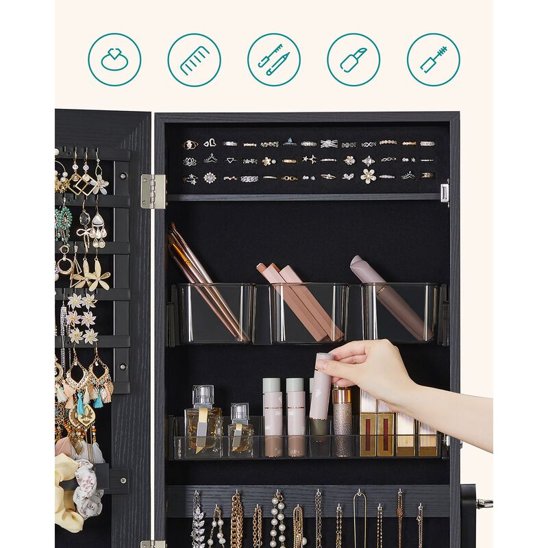 Mirror Jewelry Armoire with Lock, Freestanding Design, and 2 Plastic Cosmetic Storage Compartments