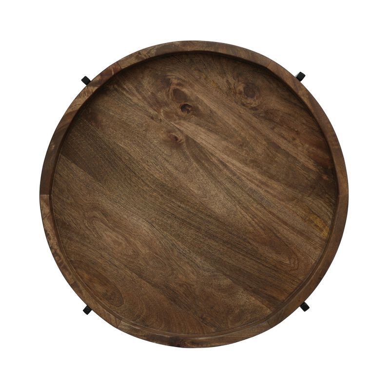 Peo Modern Side End Table, 22 Inch Round Wood Tray, Black Metal Base - Benzara