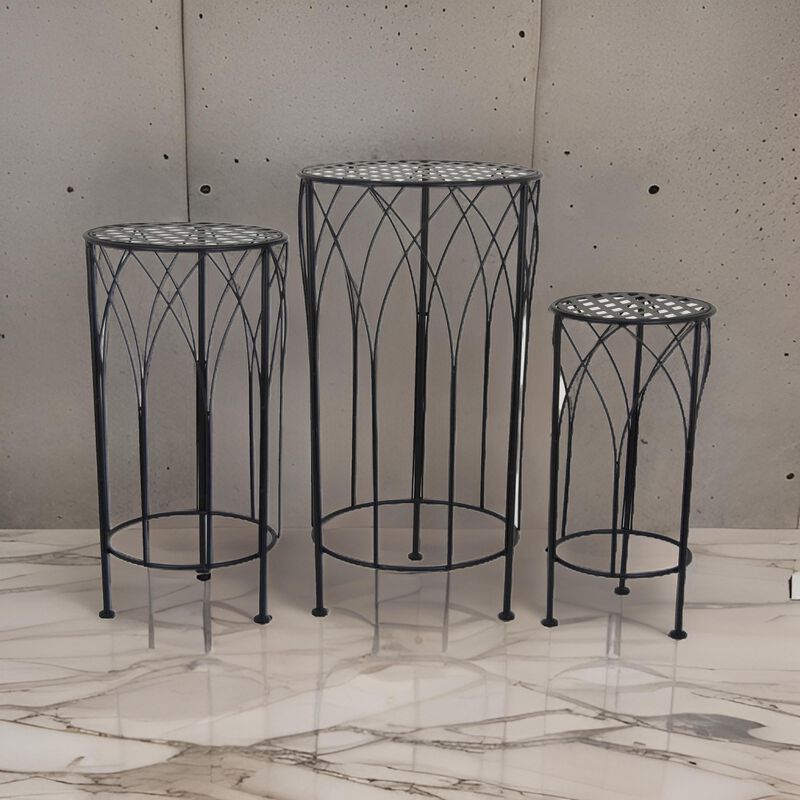 Lyi Plant Stand Table Set of 3, Round Carved Cutout, Wired Base Black Metal - Benzara