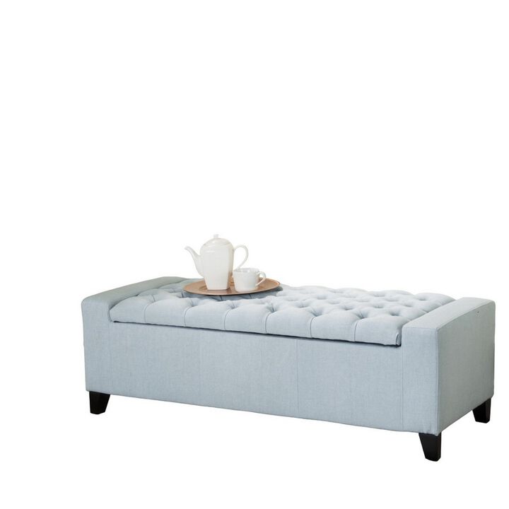 Liani Storage Ottoman Bench, Light Blue Fabric, Tufted Top, 51 Inch -Benzara