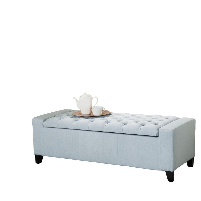 Liani Storage Ottoman Bench, Light Blue Fabric, Tufted Top, 51 Inch -Benzara