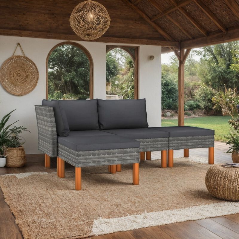 Feno 4pc Outdoor Modular Lounge Sofa Set, 2 Ottomans, Dark Gray Rattan - Benzara