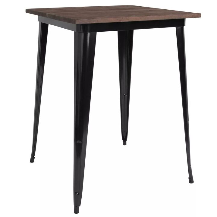 Flash Furniture 31.5 Square Black Metal Indoor Bar Height Table with Walnut Rustic Wood Top
