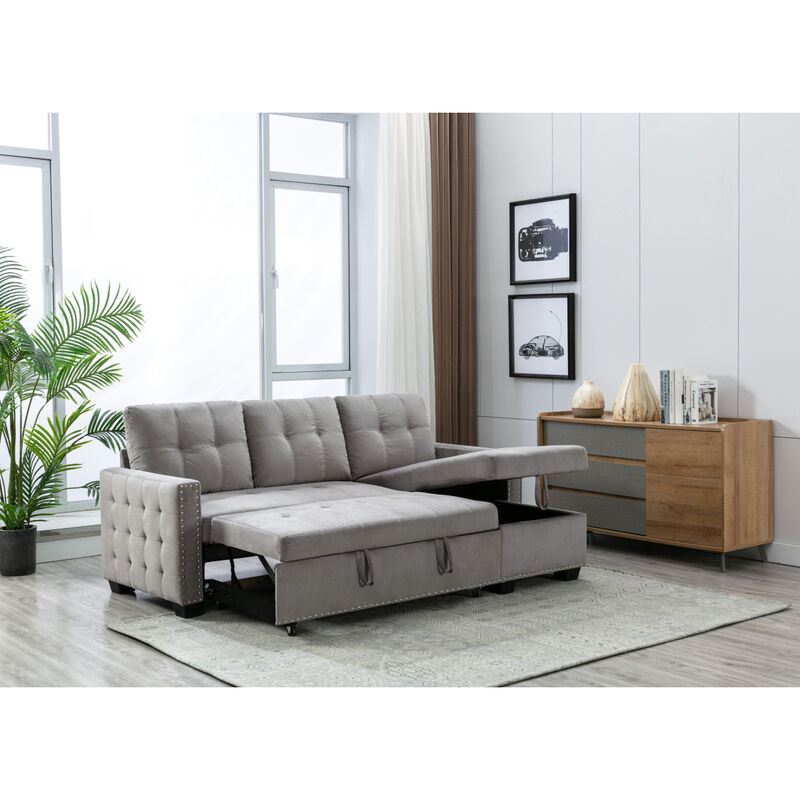 Reversible Storage Sleeper Sofa, L-Shaped Chaise With Velvet Fabric