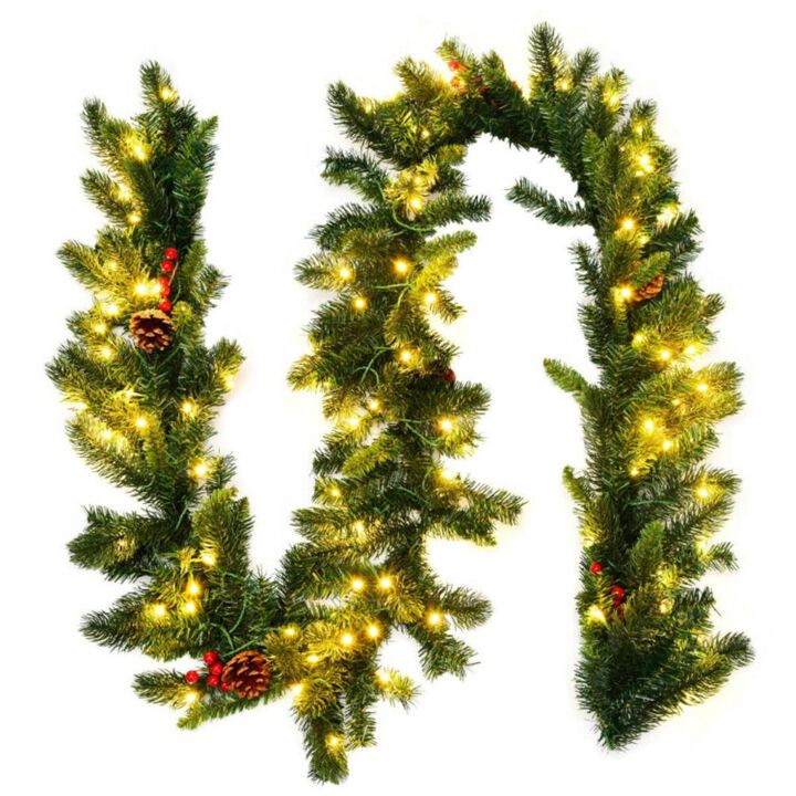 Hivvago 9 Feet Pre-lit Artificial Christmas Garland Red Berries with LED
