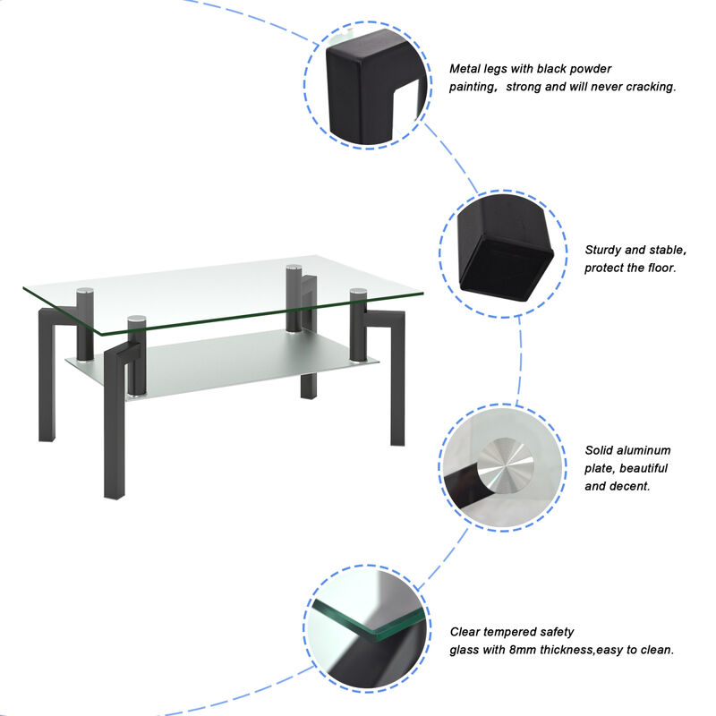 Rectangle Glass Coffee Table, Clear Coffee Table, Modern Side Center Tables