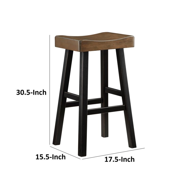 Casy 30 Inch Bar Height Stool, Brown Saddle Seat, Black Rubberwood, Set of 2 - Benzara