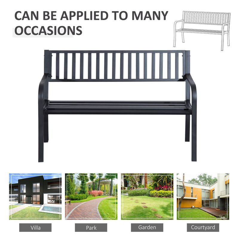 Poolside Duo Seat: 50" Black Metal Slatted Patio Bench for Two