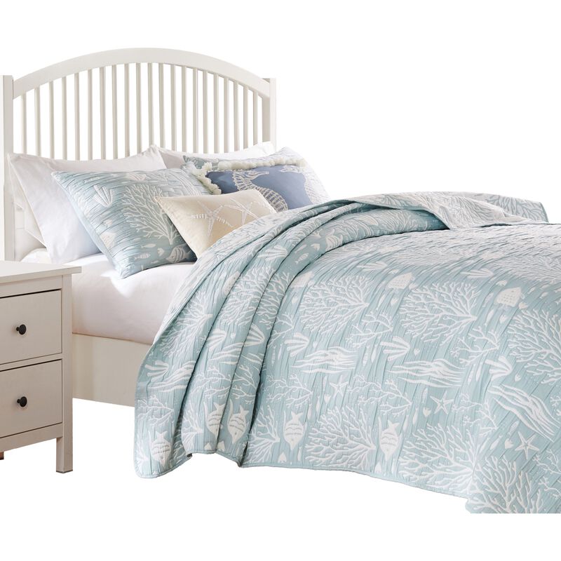 Amy 3pc Full Queen Coverlet Pillow Sham Set, Coastal Design Seafoam Blue