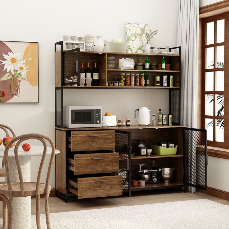59 in. W Brown Large Kitchen Pantry Organizers Cabinet Buffet with 3-Drawers, 6 Shelves and Metal Mesh Doors