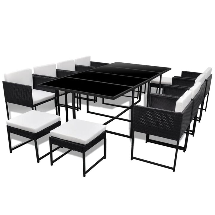 vidaXL 13 Piece Outdoor Dining Set with Cushions Poly Rattan Black