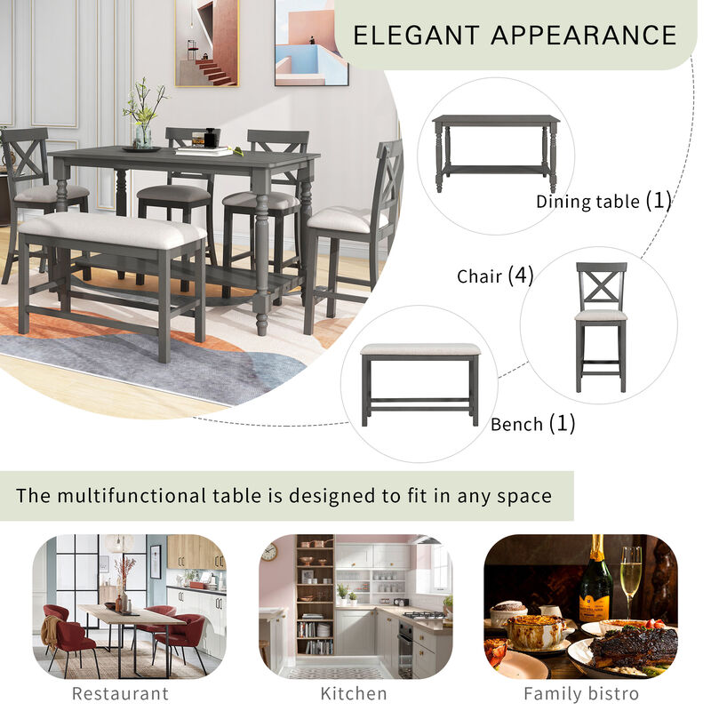 Merax 6-Piece Counter Height Dining Table with Chairs  and Bench Set