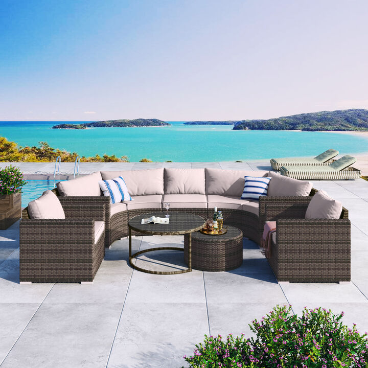 Whisen Modern Style Outdoor Half-moon Patio Sofa Set, 9-Pieces Round Sofa Set - Beige