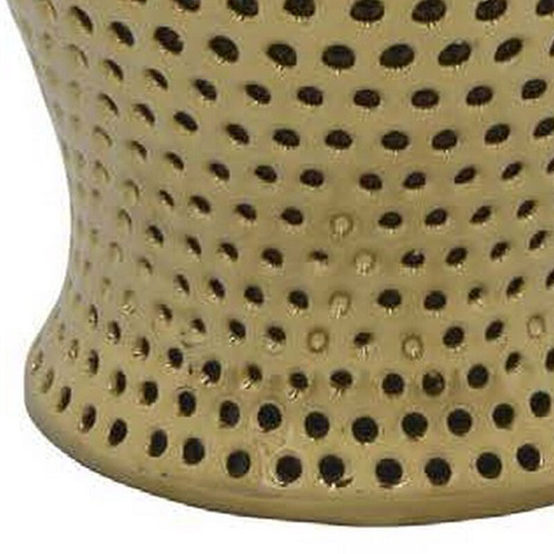 Deni 19 Inch Temple Jar, Small Carved Cut Out Lattice, Lid, Gold Ceramic - Benzara