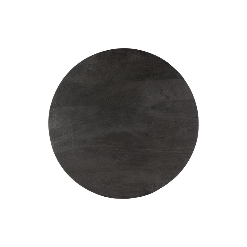 Ridge 32 Inch Handcrafted Round Coffee Table, Mango Wood, Slatted Flared Base, Black-Benzara