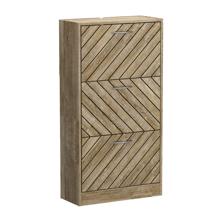Natural Color 18-Pair Shoe Storage Cabinet with 3-Drawers and 6-Compartments and Wood Grain