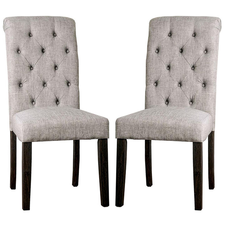 Side Chair with Button Tufted Backrest, Set of 2, Gray-Benzara